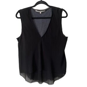 RACHEL Rachel Roy Black V-Neck Tank Top Large Fringed Edges Layered Lined